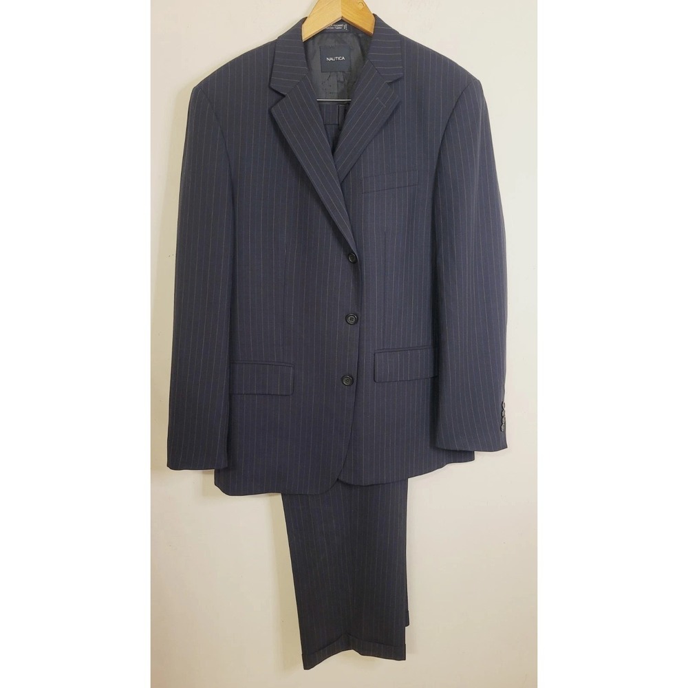 Nautica Mens Suit Blue Striped Size 42R/46 Pants 34x31 Business Wedding Dapper*‎